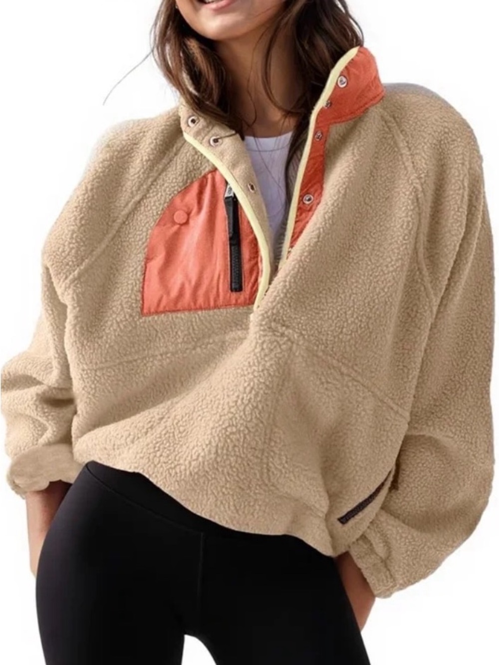 Beige Sherpa Pullover Jacket with neon green yellow Trim neon peach pocket